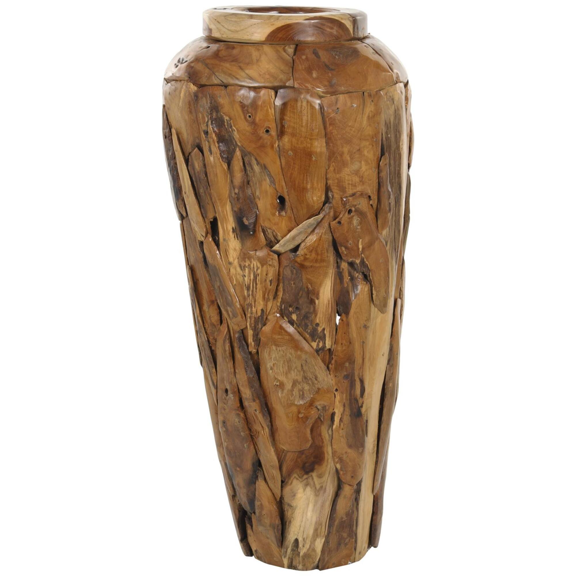 Brown Teak Wood Handmade Tall Floor Vase with Mosaic Live Edge